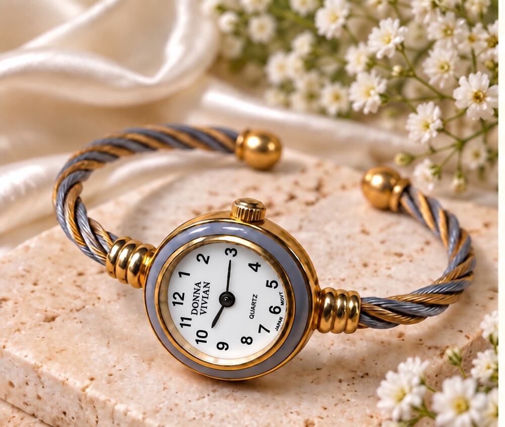 Donna Vivian Grey Enamel Twist Cuff Watch Gold Tone 25mm Like New